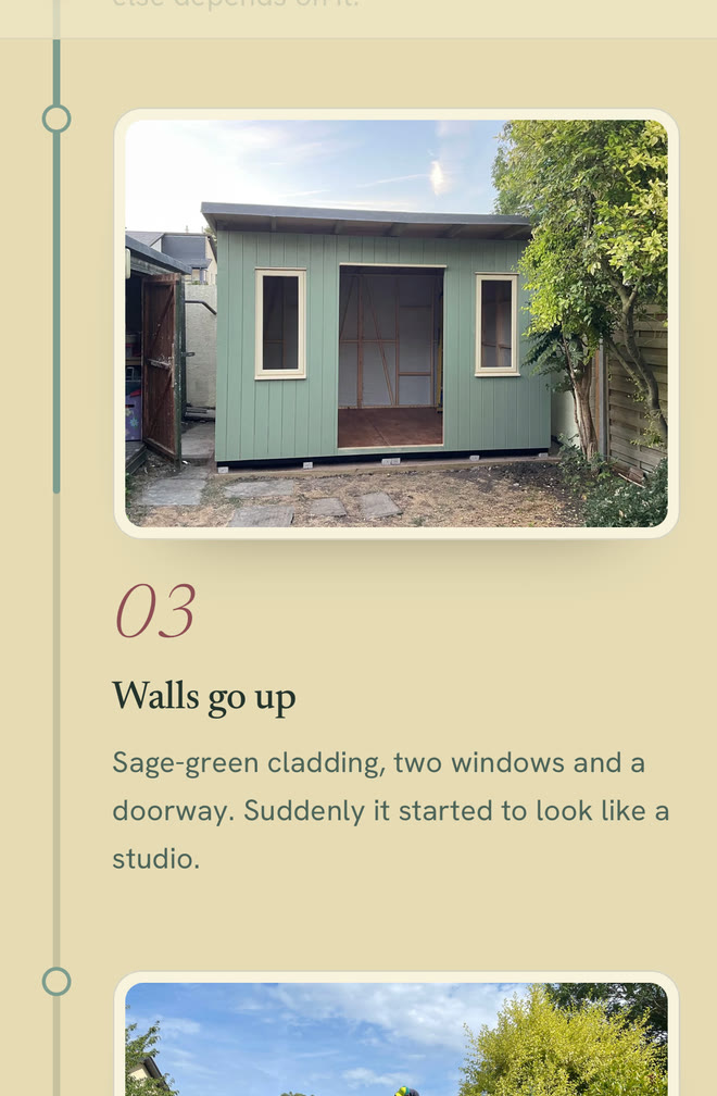 The Elliebells studio page on a phone: the build timeline at stage three, Walls go up, with the green progress line alongside