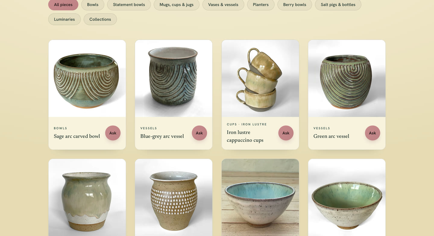 The Elliebells work page: filter tabs above a grid of carved and glazed pots, each with a pink Ask button